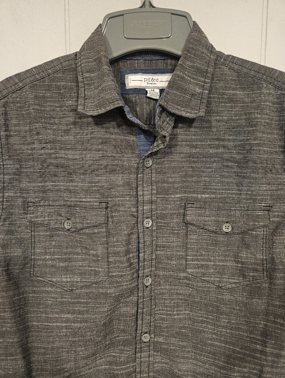 PD&C Stretch Slim Fit Men’s Medium Short Sleeve Gray Striped Button-Up Shirt - Picture 2 of 4